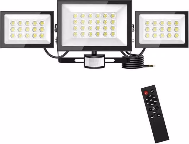 KORVIXA 200W 3 Head LED Security Floodlight with PIR Motion Sensor and Remote Control, Black