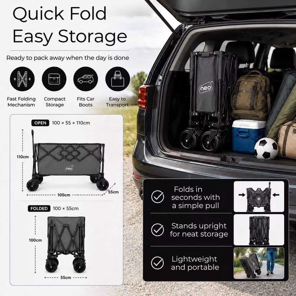 Neo XL Heavy Duty Folding Wagon Cart with Adjustable Handle, 300L, Grey – 6
