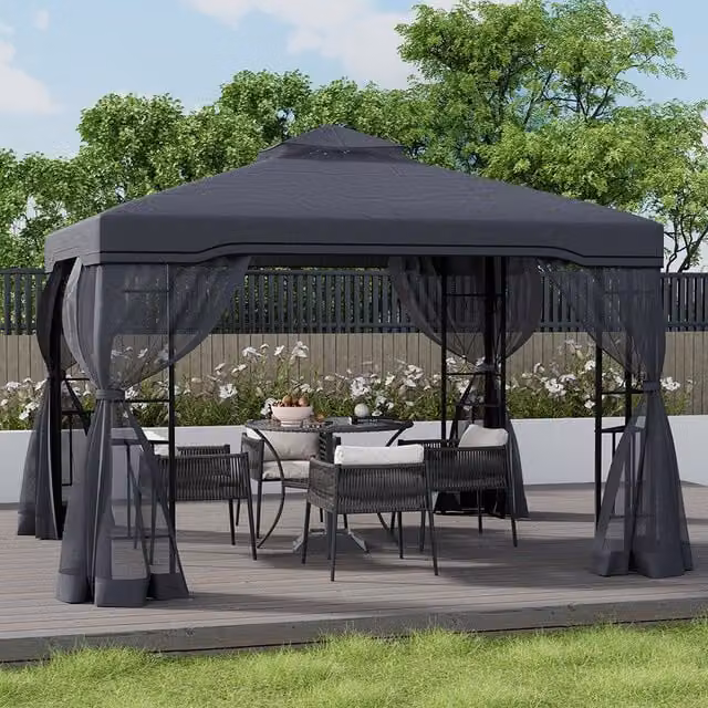 Livingandhome Modern Hip Style Metal and Polyester Garden Gazebo Outdoor Shade Canopy in Black