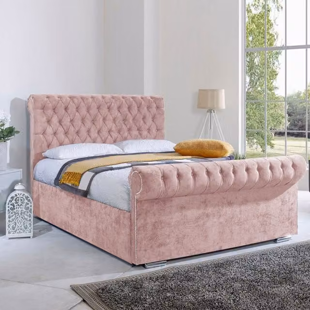 Desire Deco Royal Sleigh Bed Frame in Pink Velvet, W/D/H: 200 x 200 cm