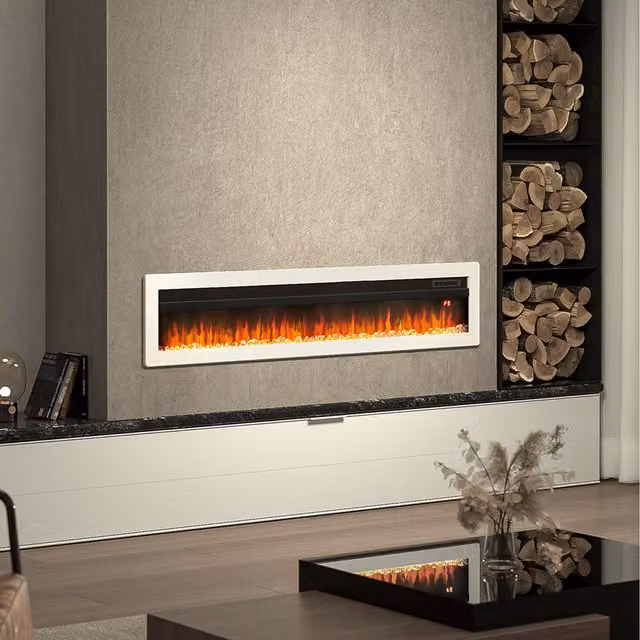 Livingandhome White Electric Fireplace, Recessed, Wall Mounted or Freestanding, Width: 127 cm