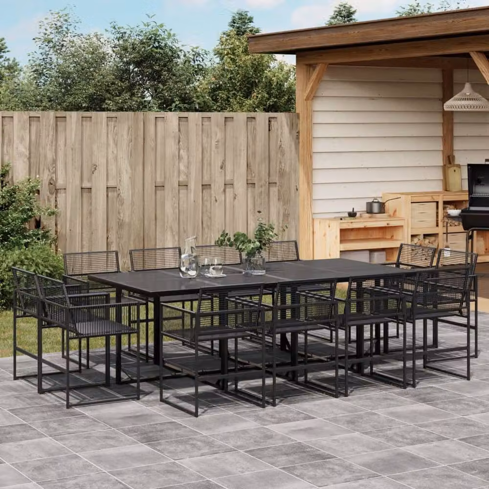 Berkfield Home Beautiful 13 Piece Black Poly Rattan Garden Dining Set with Glass and Metal Details – 1