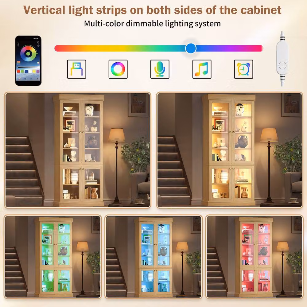Merax Modern Tall Glass Display Cabinet with Multicolour LED Lighting in Sand Brown, H: 180 cm, W: 50 cm, D: 40 cm – 4