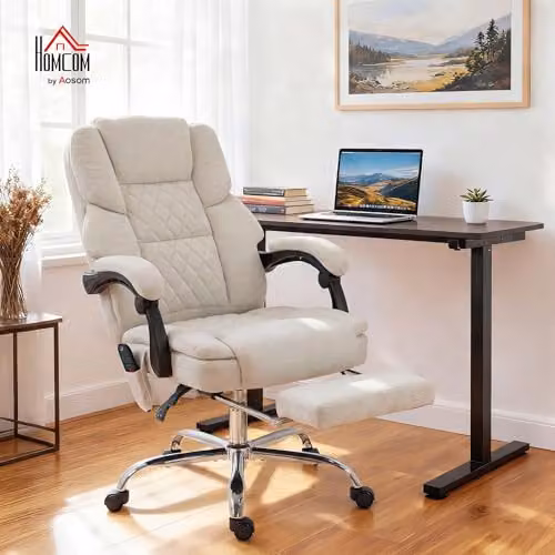HOMCOM Executive Office Chair with 6-Point Vibration Massage and Heat, Beige Velvet Upholstered High Back Design with Headrest and Armrests, H 118 x W 70 x D 67 cm – 2
