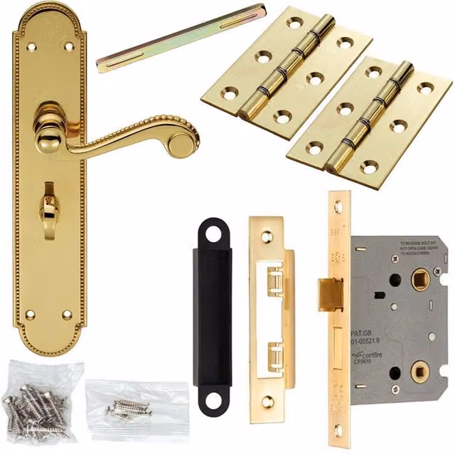 Loops Polished Brass Victorian Scroll Lever Door Handle and Bathroom Lock Pack