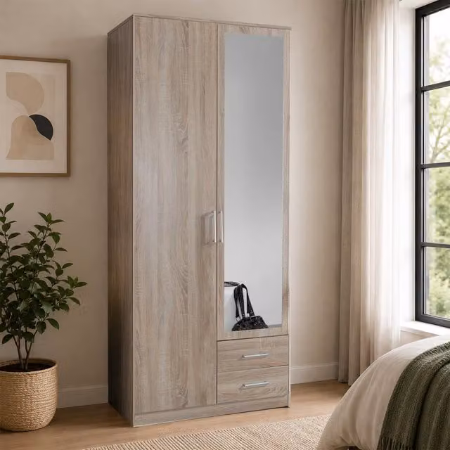 Osaka Oak 2 Door Wardrobe with Mirror and 2 Integrated Drawers, Brown, Width: 90 cm