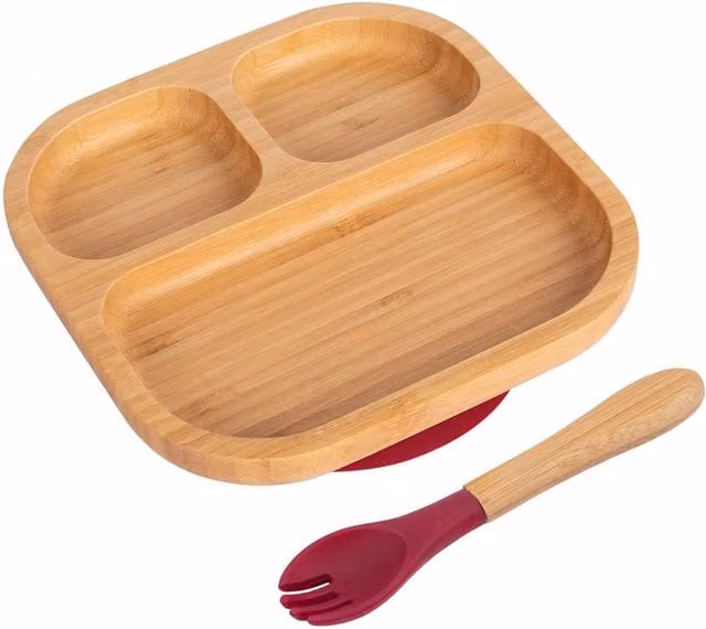 Tiny Dining Bamboo Segmented Baby Weaning Plate and Fork Set in Red and Brown