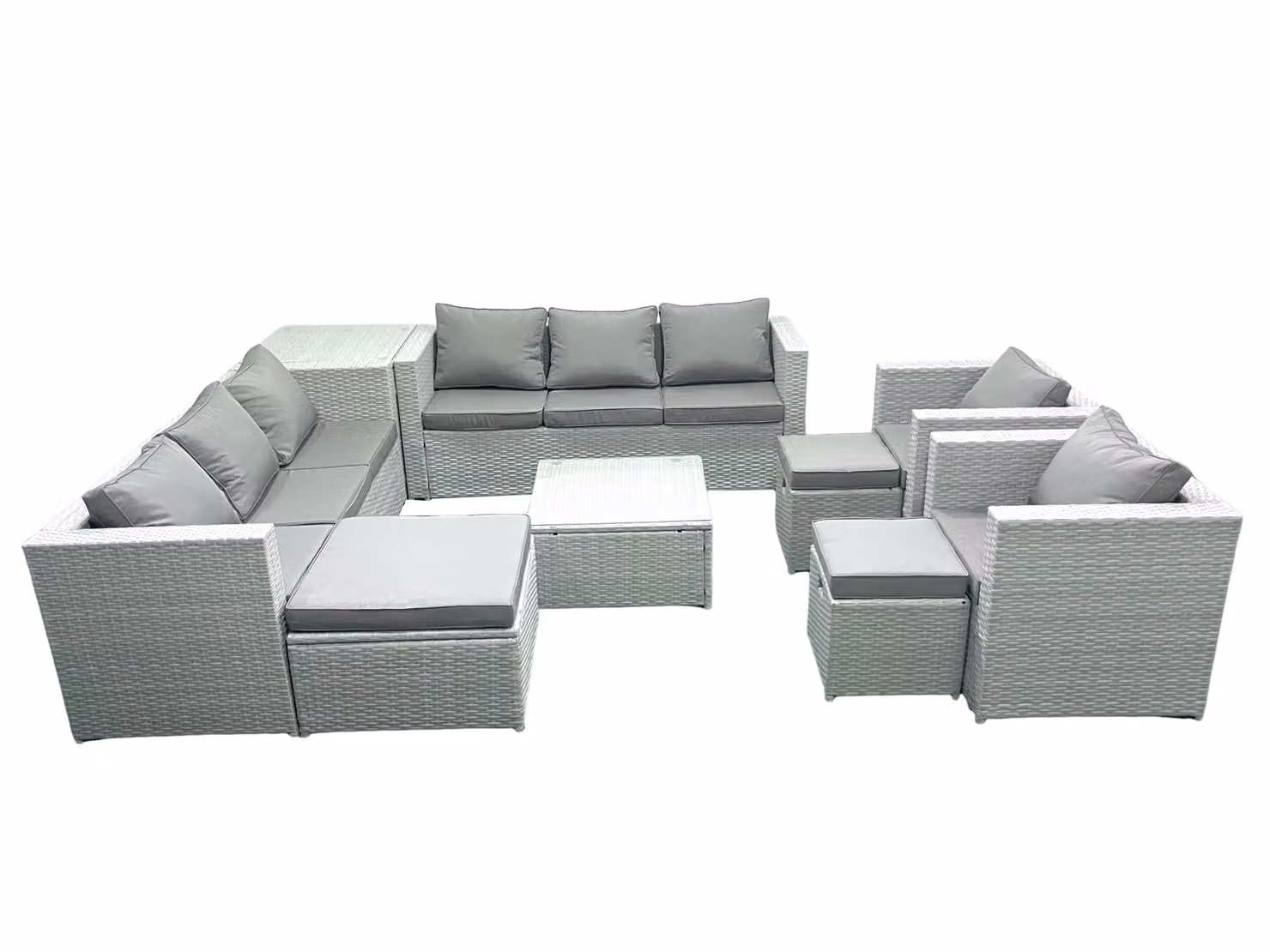 Fimous Outdoor Rattan Garden Furniture Set in Light Grey with 2 Armchairs, Square Coffee Table, 3 Footstools and Side Table – 2