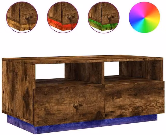 Berkfield Home Modern Rectangular Coffee Table with LED Lights in Smoked Oak Brown, W: 90 cm, D: 49 cm, H: 40 cm – 1