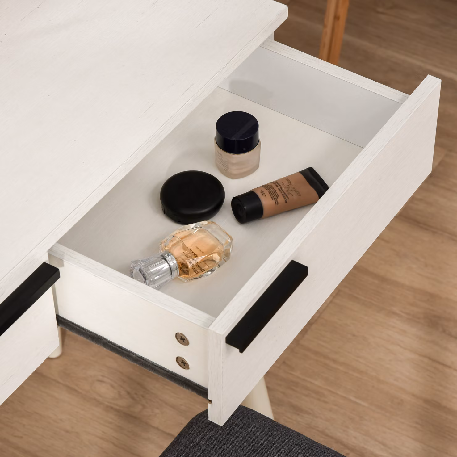 HOMCOM White Dressing Table Set with Round Mirror, Makeup Desk, Cushioned Stool and 2 Drawers – 4