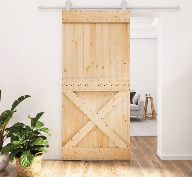 Berkfield Home Modern Sliding Door with Hardware Set, Solid Wood and Steel, Brown, W: 95 cm, H: 210 cm