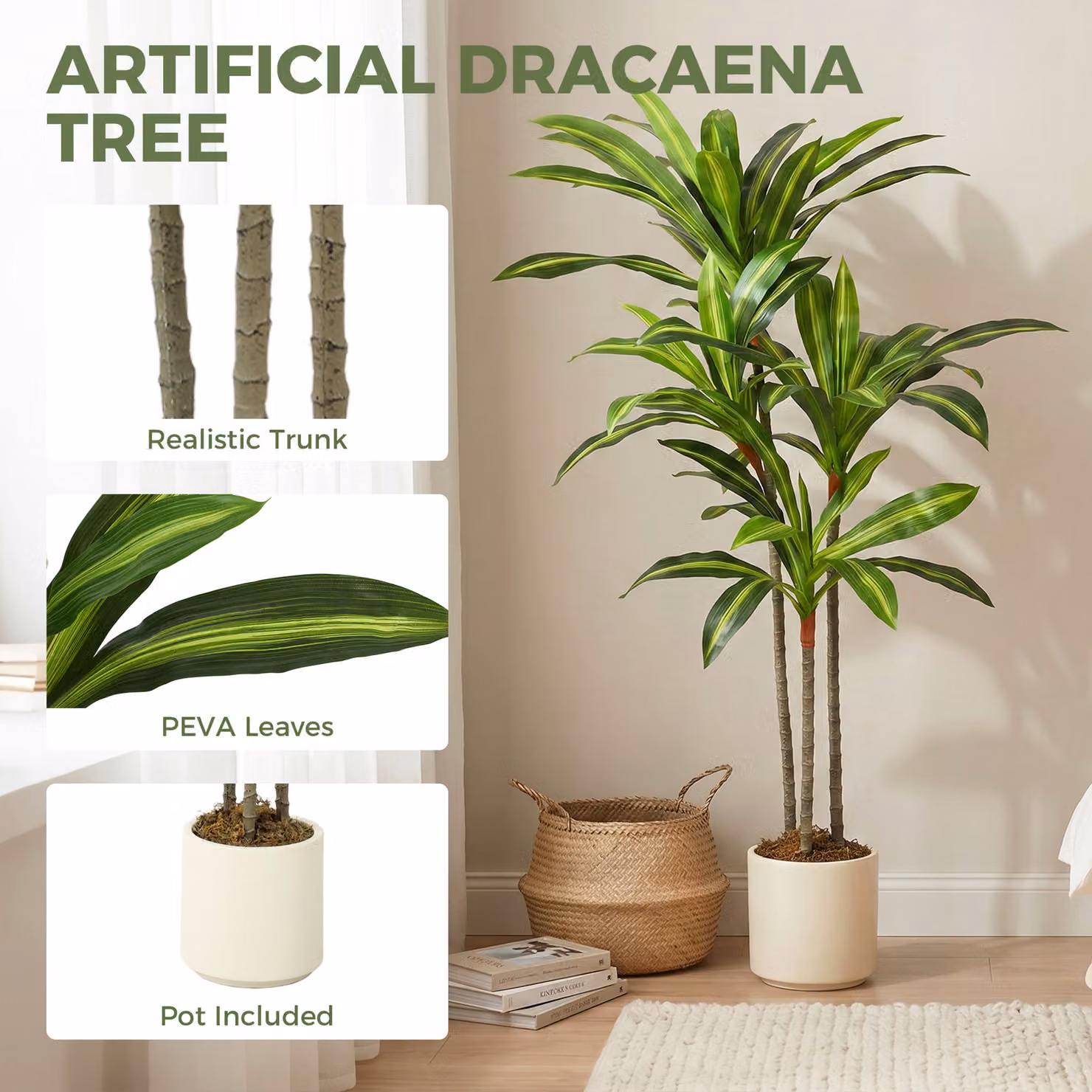 HOMCOM 120 cm Artificial Dracaena Tree in Green and White – 4