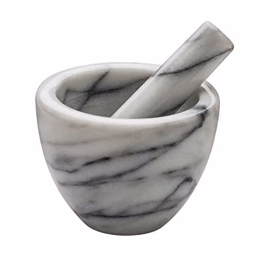 Orsina White Marble Mortar and Pestle with Ergonomic Grip, W/D/H: 12.0 x 12.0 x 9.0 cm