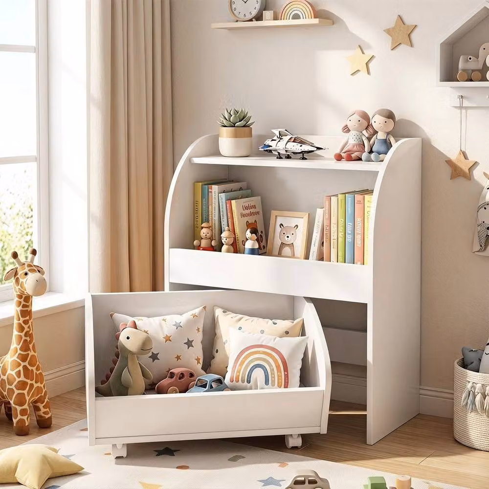 VOGREX White 2 Tier Kids Toy Storage Shelf with Rolling Drawer for Childrens Playrooms and Bedrooms – 3