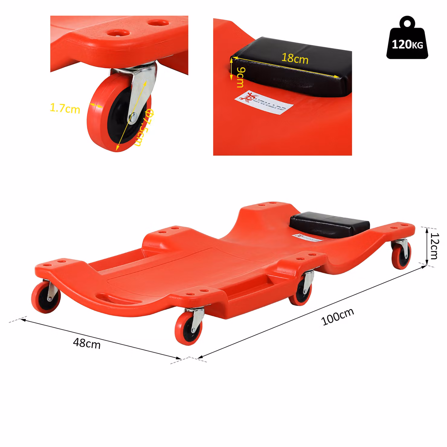 DURHAND Mechanic Vehicle Creeper with Padded Headrest and Tool Tray, Red – 3