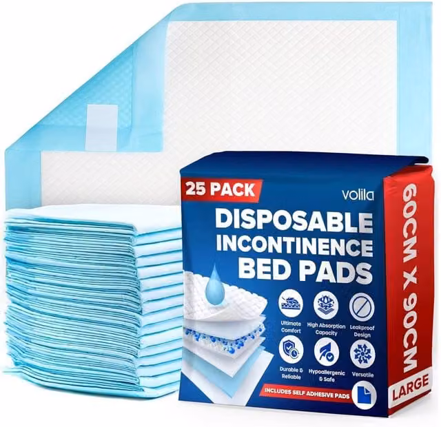 Volila 25 Pack Triple Layer Incontinence Bed Pads, Large, Soft and Absorbent, Aqua Blue