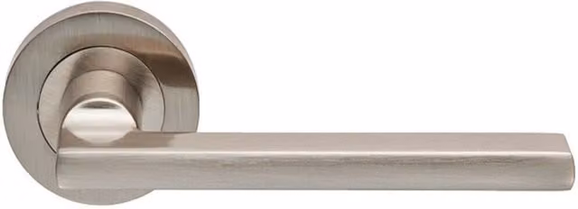 Loops Pair of Straight Plinth Mounted Handles on Round Rose in Satin Nickel