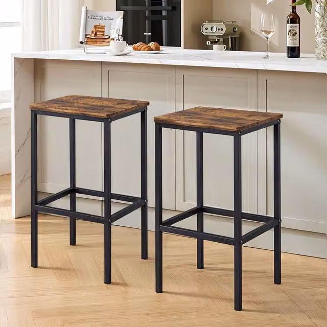 Livingandhome Set of 2 Industrial Black Rectangular Bar Stools with Wood and Metal Construction