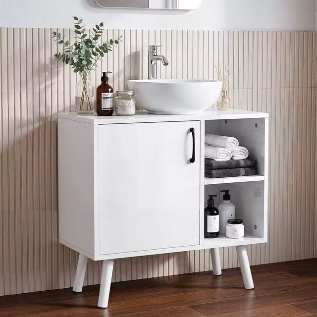 SPETLEK White Modern Freestanding Under Sink Bathroom Storage Cabinet with Hinged Doors and Internal Shelves