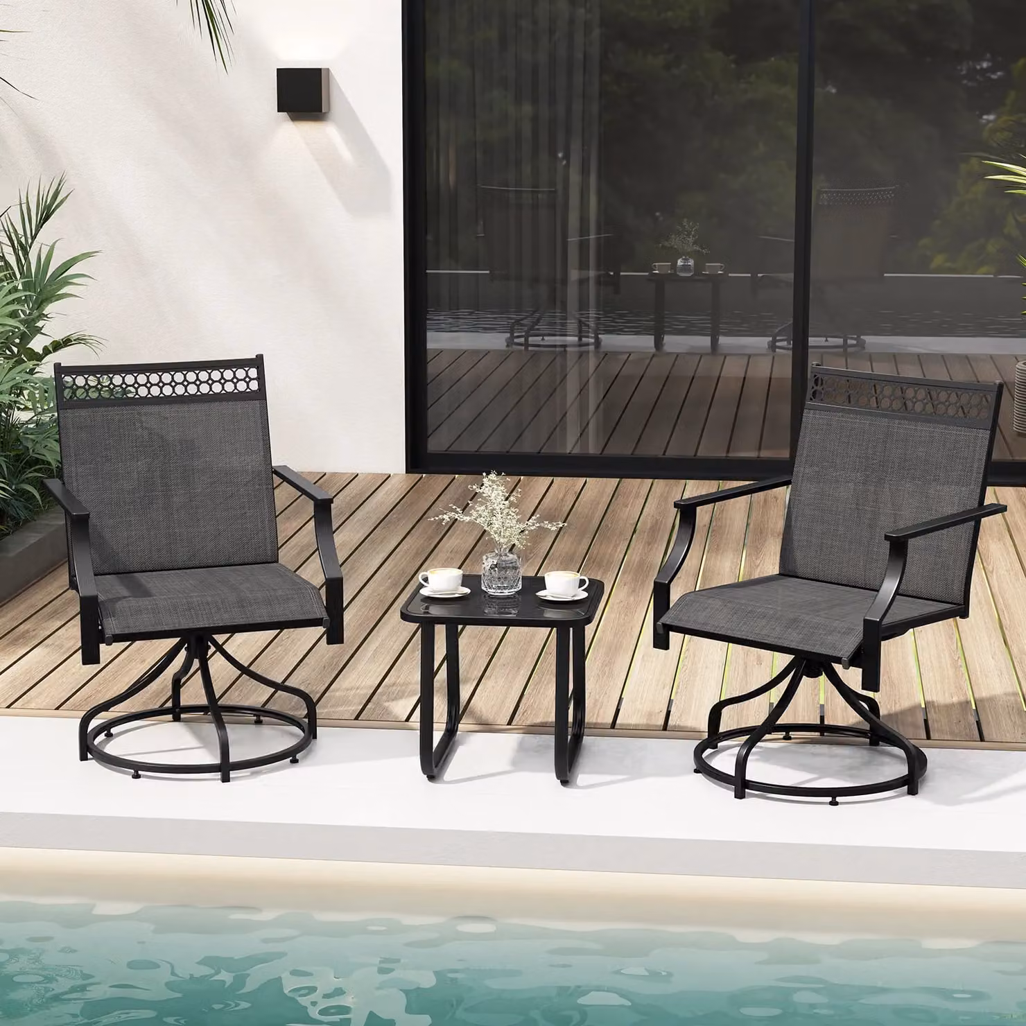 Costway Set of 2 Grey Swivel Patio Dining Chairs with Armrests and Textilene Fabric – 3