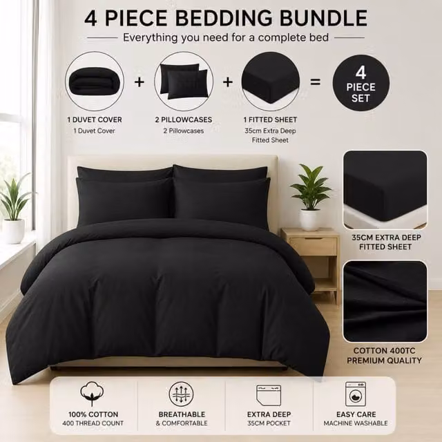 Pamposh 400TC Egyptian Cotton Duvet Cover and Fitted Sheet Set in Black, Single