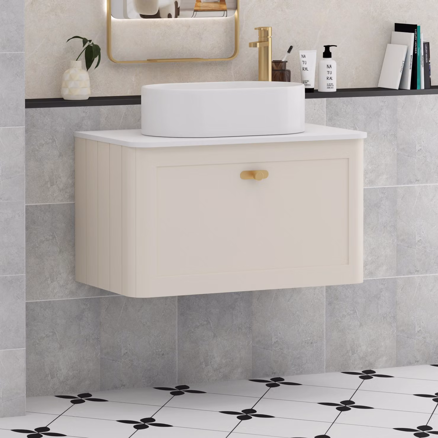 Royal Bathrooms Henley 800mm Wall Hung Vanity Unit in Mushroom Cashmere with Plain White Worktop, Peak Basin and Brushed Brass Knob