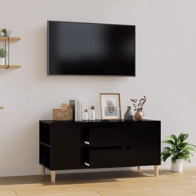 Berkfield Home Scandinavian Style TV Cabinet in Black Matt MDF, W: 102 cm, D: 44.5 cm, H: 50 cm – 1