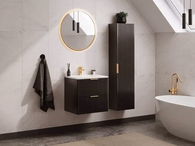 Vente-unique ZEVARA Ribbed Suspended Bathroom Column Unit in Black, Height: 140 cm – 1