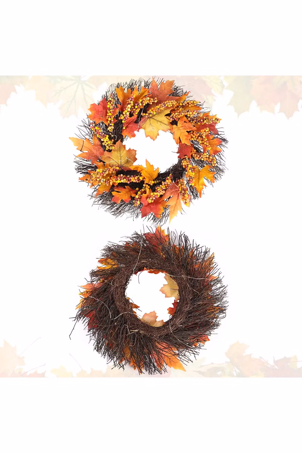 Living and Home Orange Artificial Autumn Fall Wreath with Maple Leaves, Berries and Rattan, Diameter: 45 cm – 4