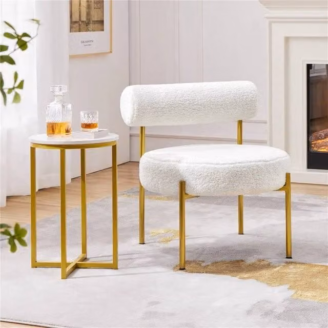 EONLION White Bouclé Fabric Chair with Gold Metal Legs