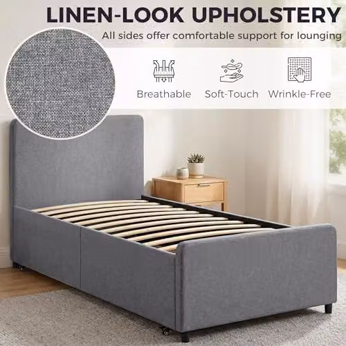 HOMCOM Upholstered Single Bed Frame with Trundle in Grey, W/D/H: 90 x 190 x 95 cm – 4