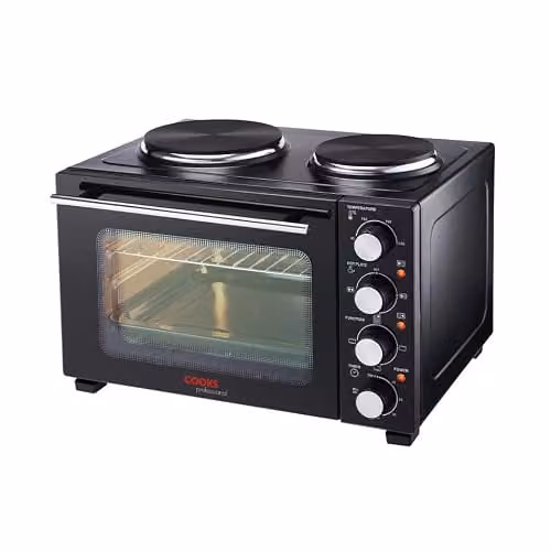 Cooks Professional 28L Mini Portable Oven with Two Cast Iron Hobs, Grill and Convection Functions, Black and Silver