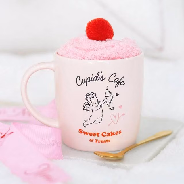 Uniqueful Cupid's Cafe Mug, Spoon and Socks Set in Pink, 1000ml