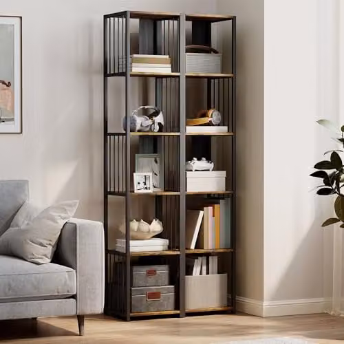 HOMCOM 5-Tier Modern Tall Bookshelf Display Unit in Rustic Brown and Black, W/D/H: 33.5 x 30 x 165 cm – 5