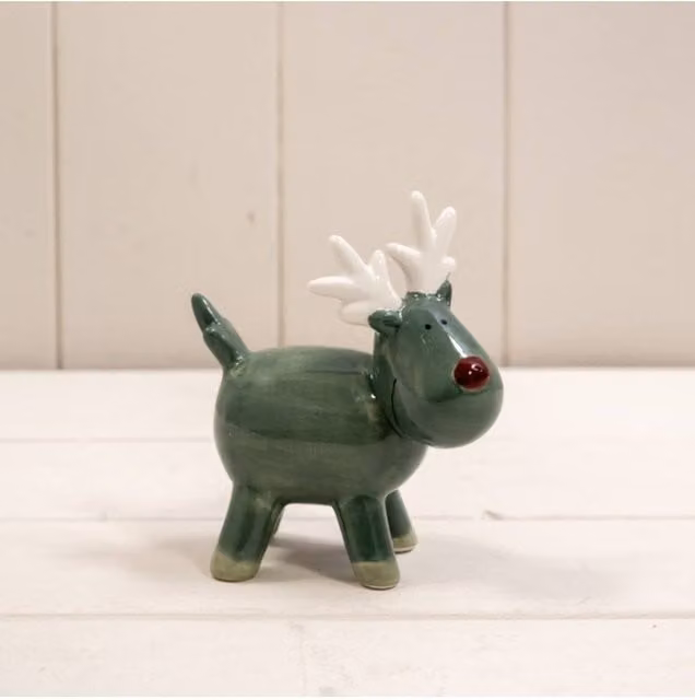 KDMD Ceramic Reindeer Tabletop Decoration in Dark Green and White