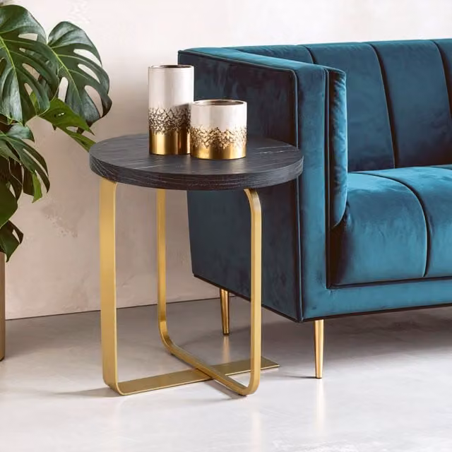 Fifty Five South Orsina Round Side Table with Oak Veneer Top and Gold Sled Base in Black and Grey – 2