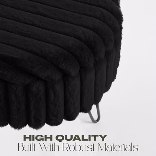 OHS Black Faux Fur Ribbed Round Ottoman Stool with Metal Hairpin Legs – 4