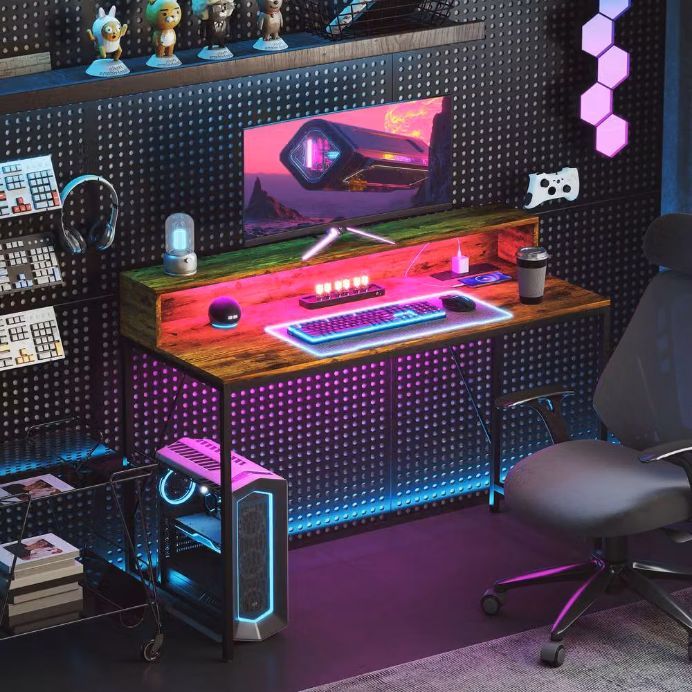 Rolipo Brown Gaming Desk with LED Lights, Power Outlets and Monitor Stand, Width: 120 cm – 9