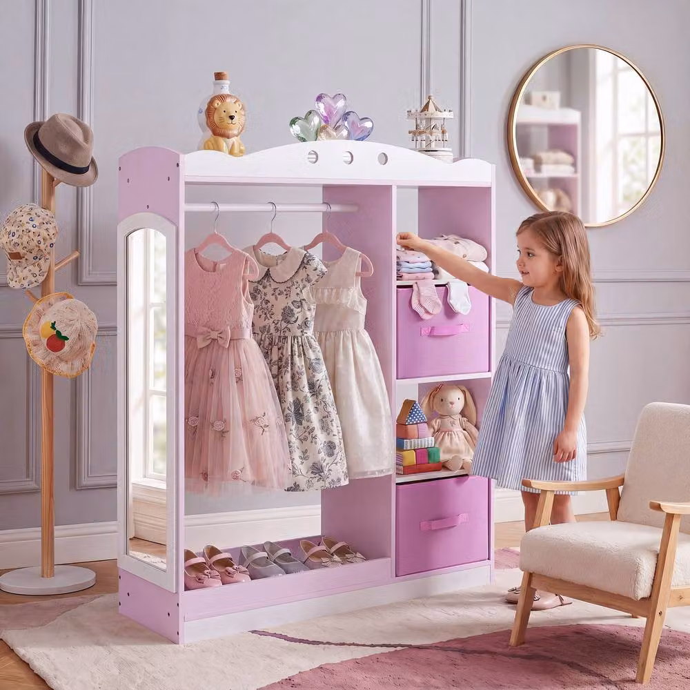 CASART Kids Dress Up Storage Wooden Wardrobe Closet with Full Length Mirror and Integrated Drawers, Pink – 2