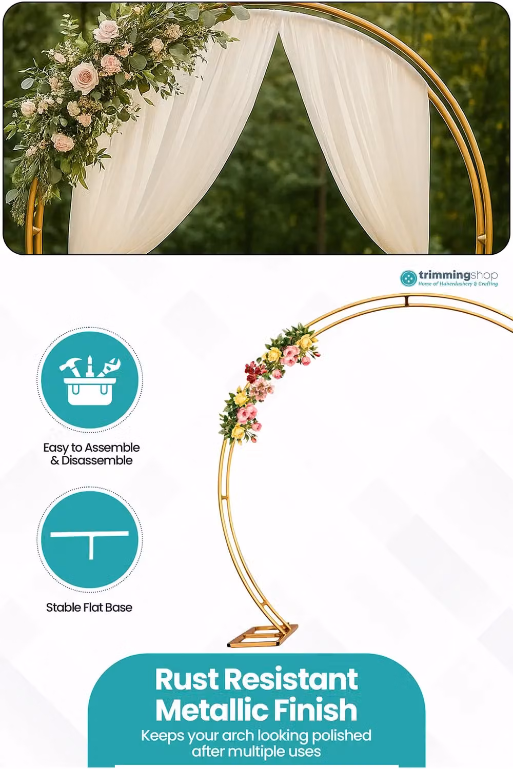 Neel Blue Dual Circle Arch Metal Party Background Decoration Stand in Gold, H 260 cm x W 220 cm – 2