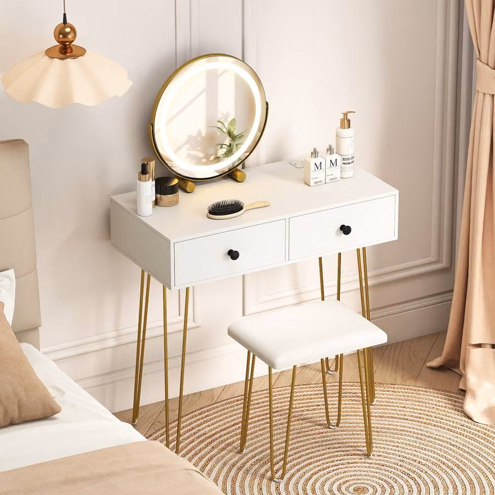 Costway White Vanity Set with Hollywood LED Mirror, Dressing Table and Stool featuring a Charging Station – 2