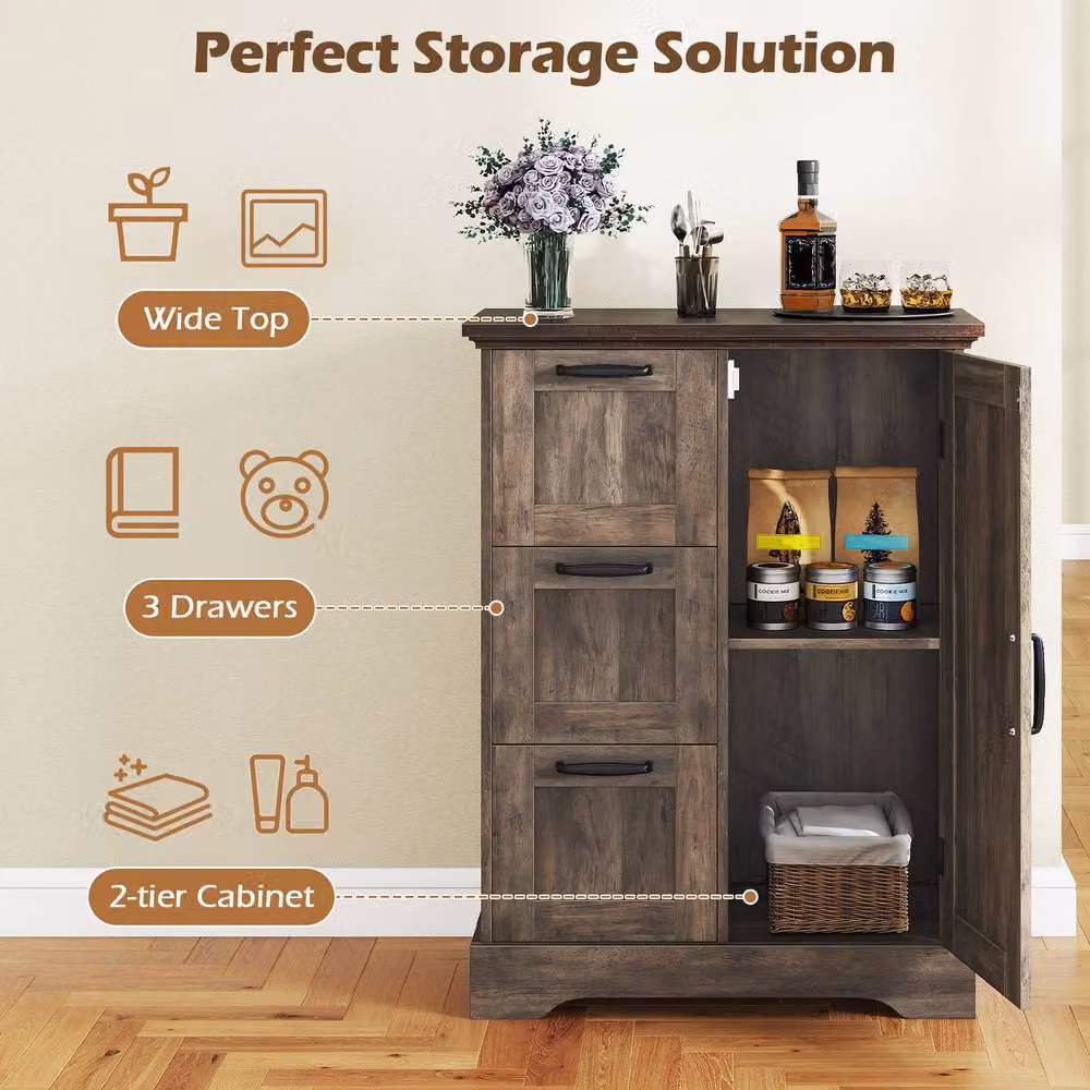 Costway Grey Farmhouse Accent Floor Cabinet with 3 Storage Drawers and Hinged Doors – 3