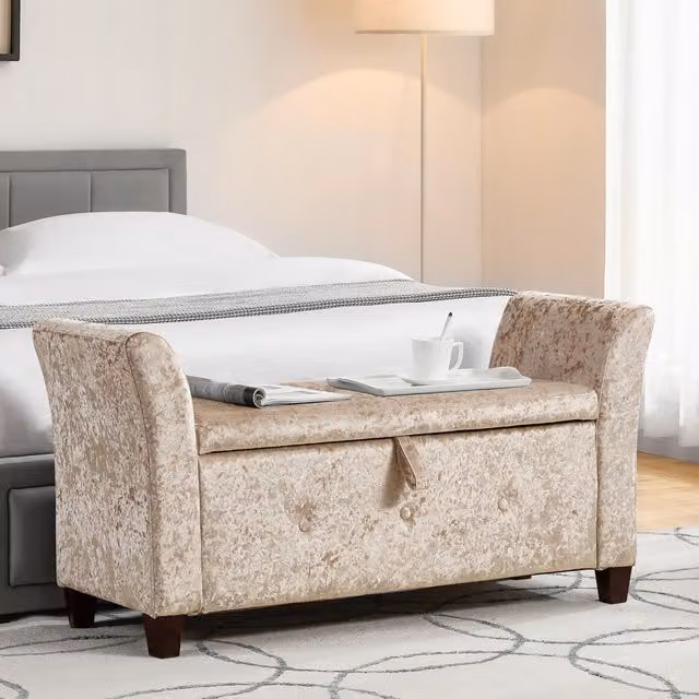 Vida Designs Seville Rectangular Fabric Storage Ottoman in Beige Velvet