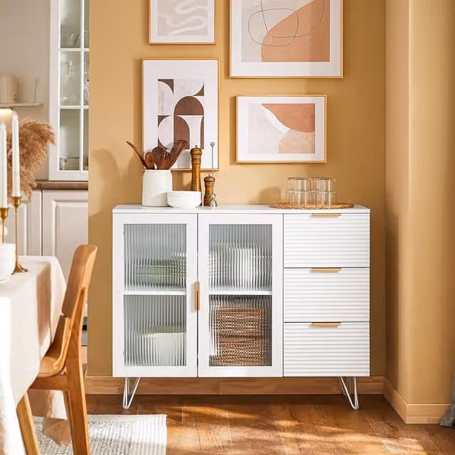 SoBuy Modern White Sideboard Storage Cabinet with Glass and Metal Details