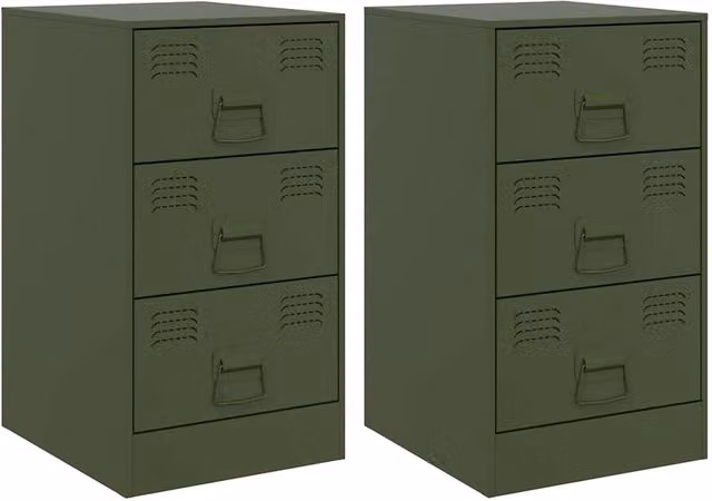 Berkfield Home Set of 2 Metal Bedside Cabinets in Matt Olive Green, W/D/H: 34.5 x 39 x 62 cm