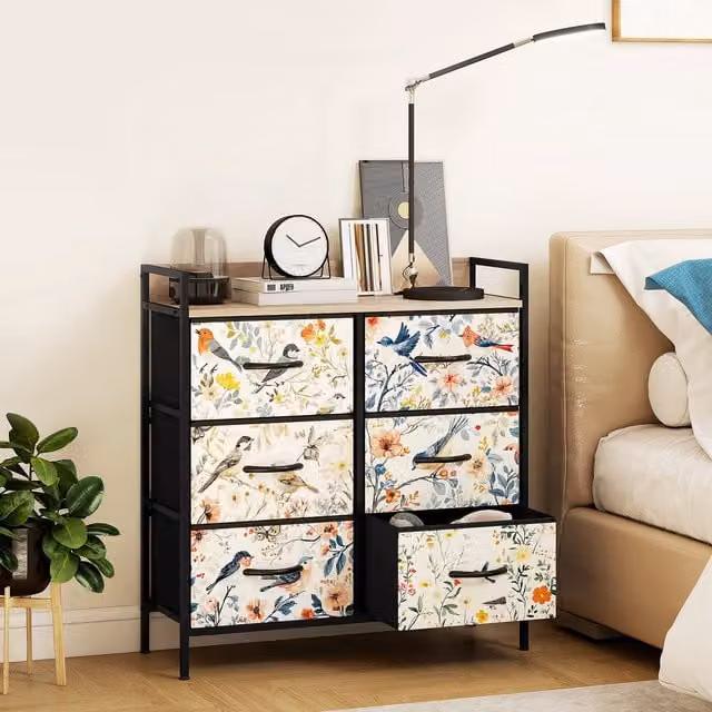 HOMCOM 6-Drawer Chest of Drawers with Fabric Drawers in White and Multicolour Floral Design