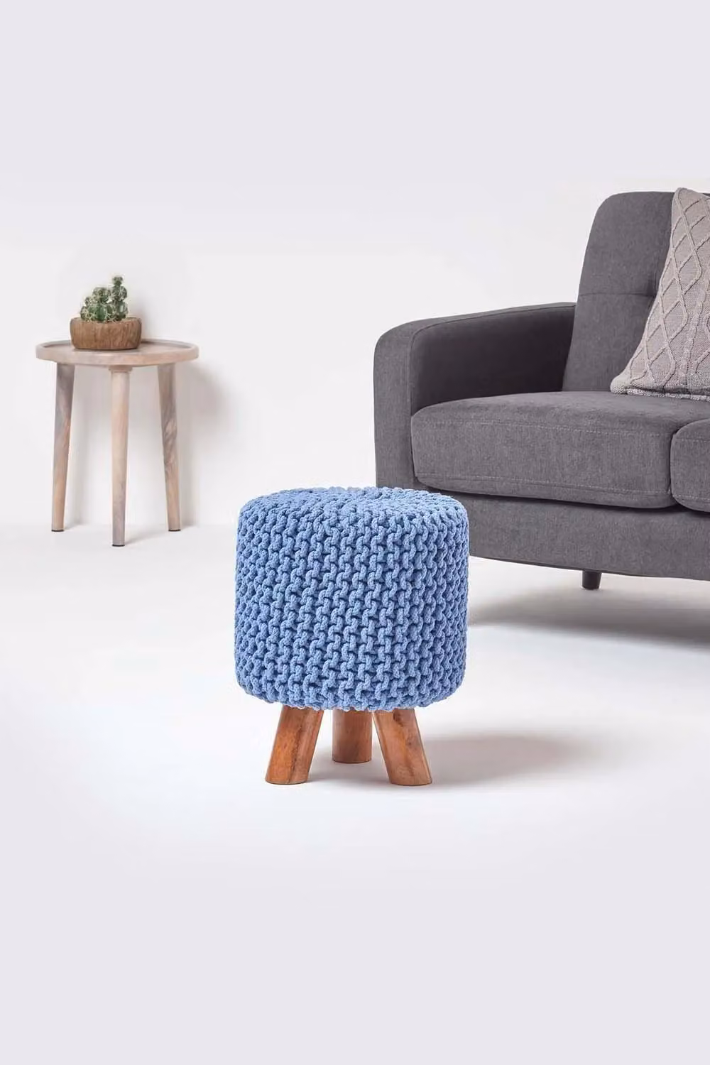Homescapes Tall Blue Cotton Knitted Footstool with Wood Frame – 2