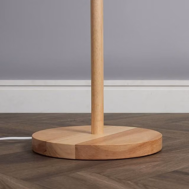 ValueLights Heather Scandinavian Wood Floor Lamp with Grey Fabric Drum Shade and LED Bulb