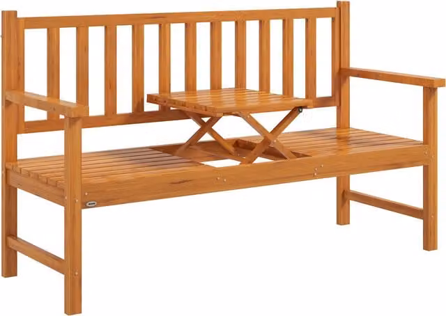 Outsunny Rustic Brown Wooden Garden Bench with Liftable Middle Table and Armrests – 1