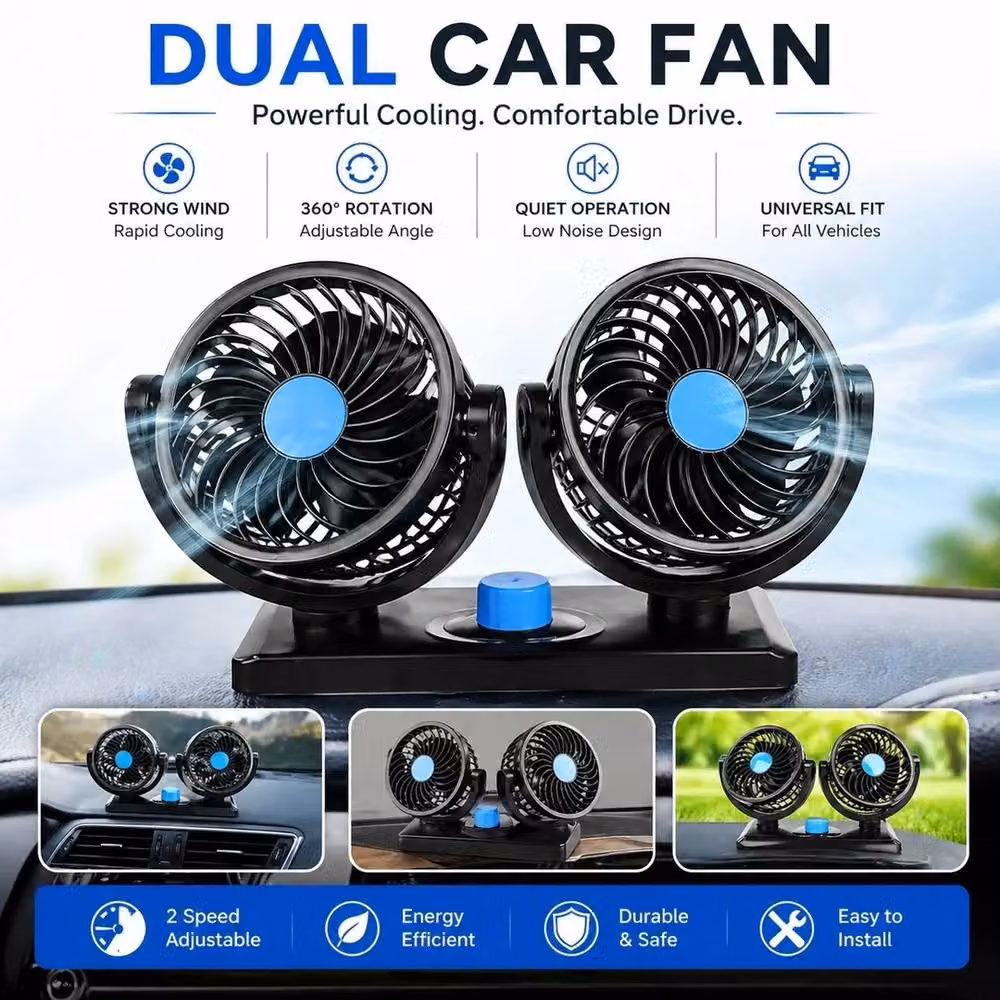 NESTLUNE 12V Twin Dash Mount Cooling Fan for Car, Van or Truck, Black – 2